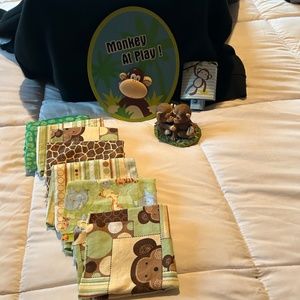 JUNGLE THEME NIGHT LIGHT WALL HANGER MONKEY STATUE AND PIECES OF FABRIC